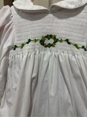 White Smocked Girls' Dress with Green & Red Embroidery